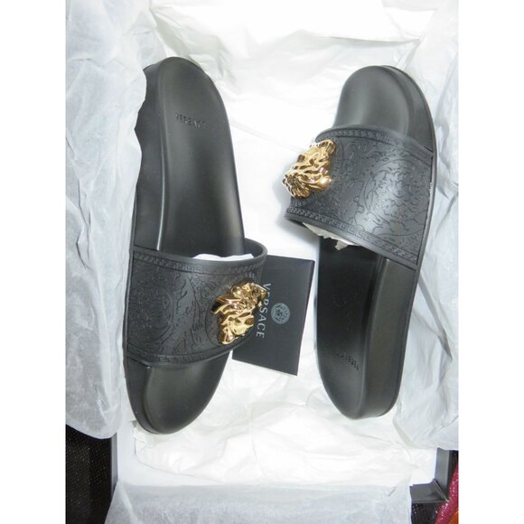 Versace Black with Gold Medusa Palazzo Slides Sandals sz 37 BRAND NEW WITH TAGS - Picture 2 of 15